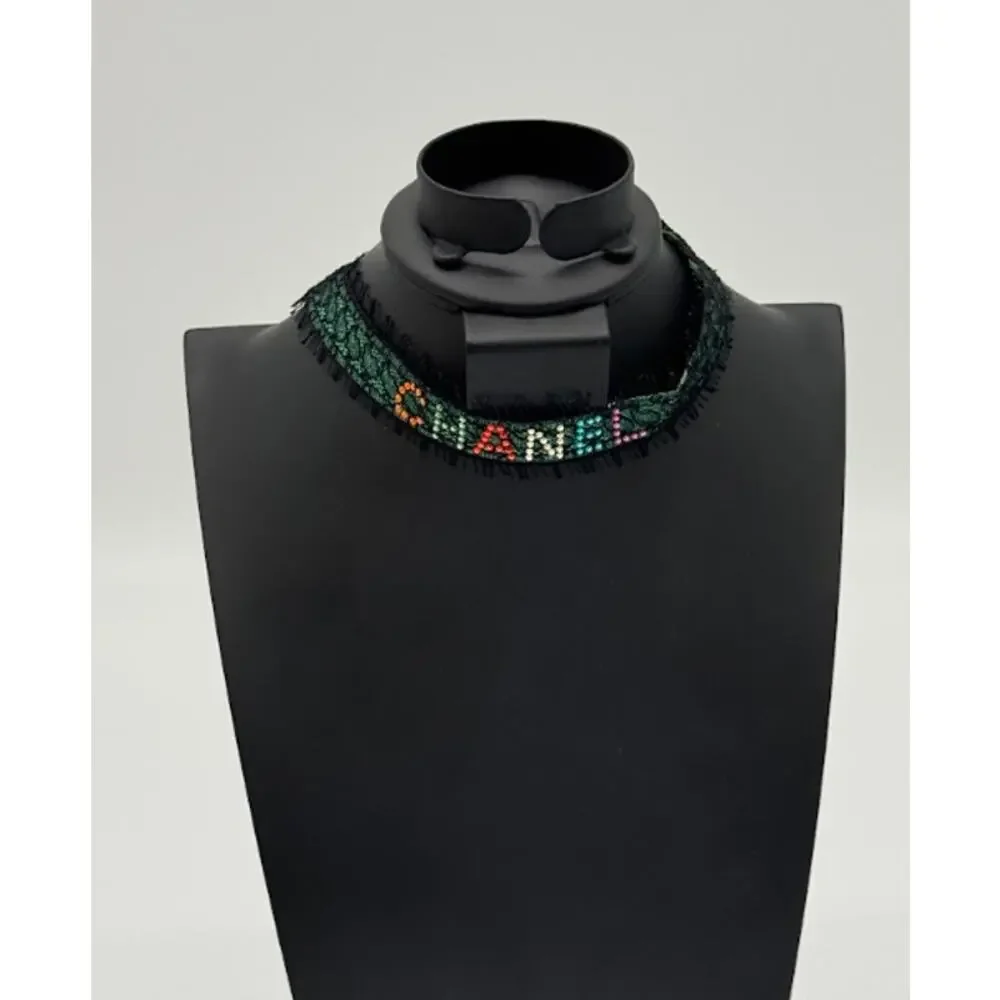 CHANEL Vintage Green Lace and Crystal Logo Choker Necklace